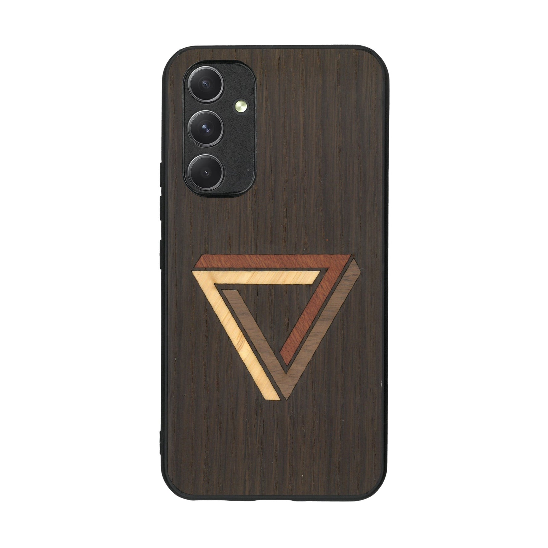 Coque de protection en bois véritable fabriquée en France pour Samsung A54 5G sur le thème de l'art géométrique qui allie du chêne fumé, du noyer, du bambou et du padouk représentant le triangle de penrose