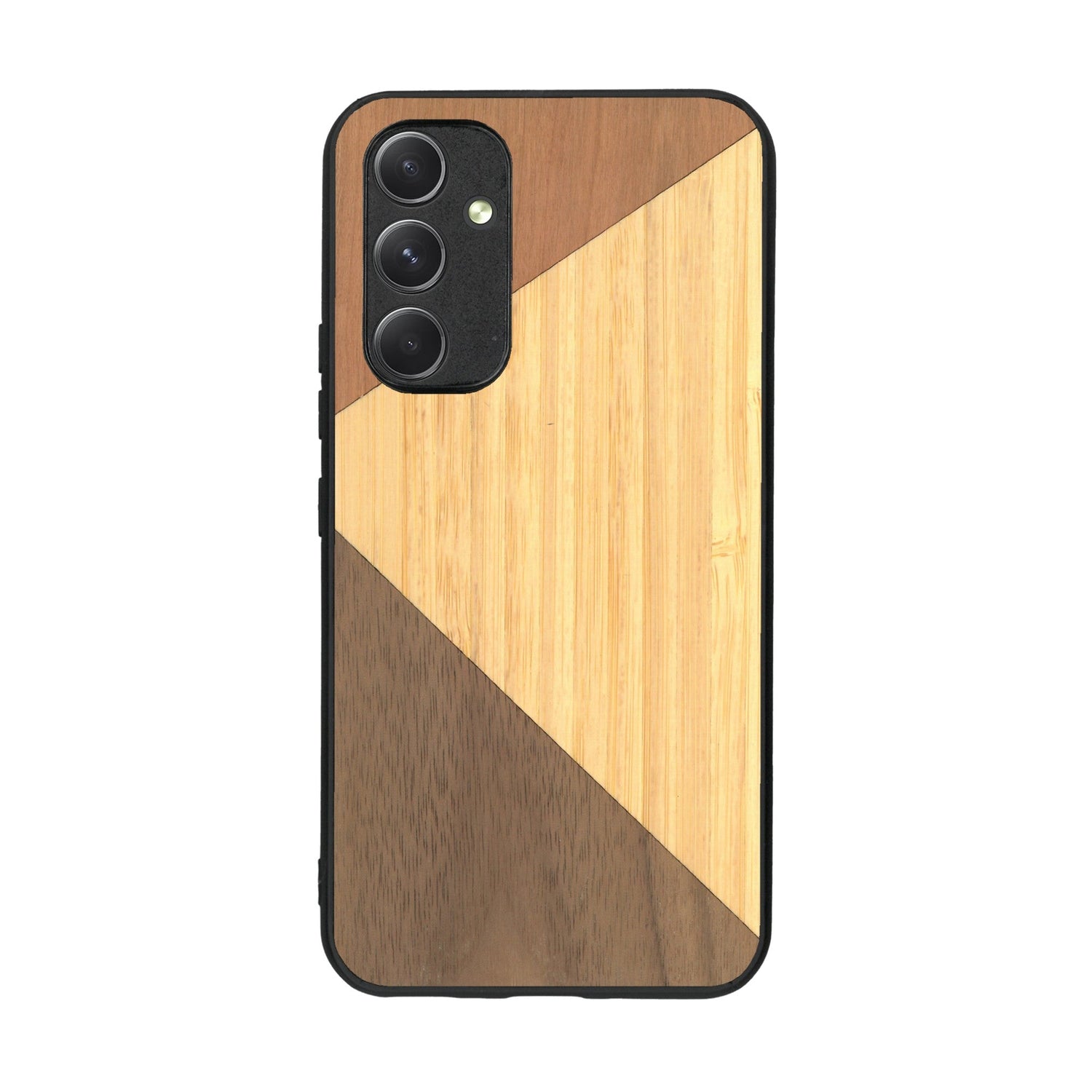 Coque de protection en bois véritable fabriquée en France pour Samsung A54 5G alliant du merisier, du noyer et du bambou formant chacun deux triangles et un trapèze avec deux jointures en diagonale sur le thème de l'art abstrait