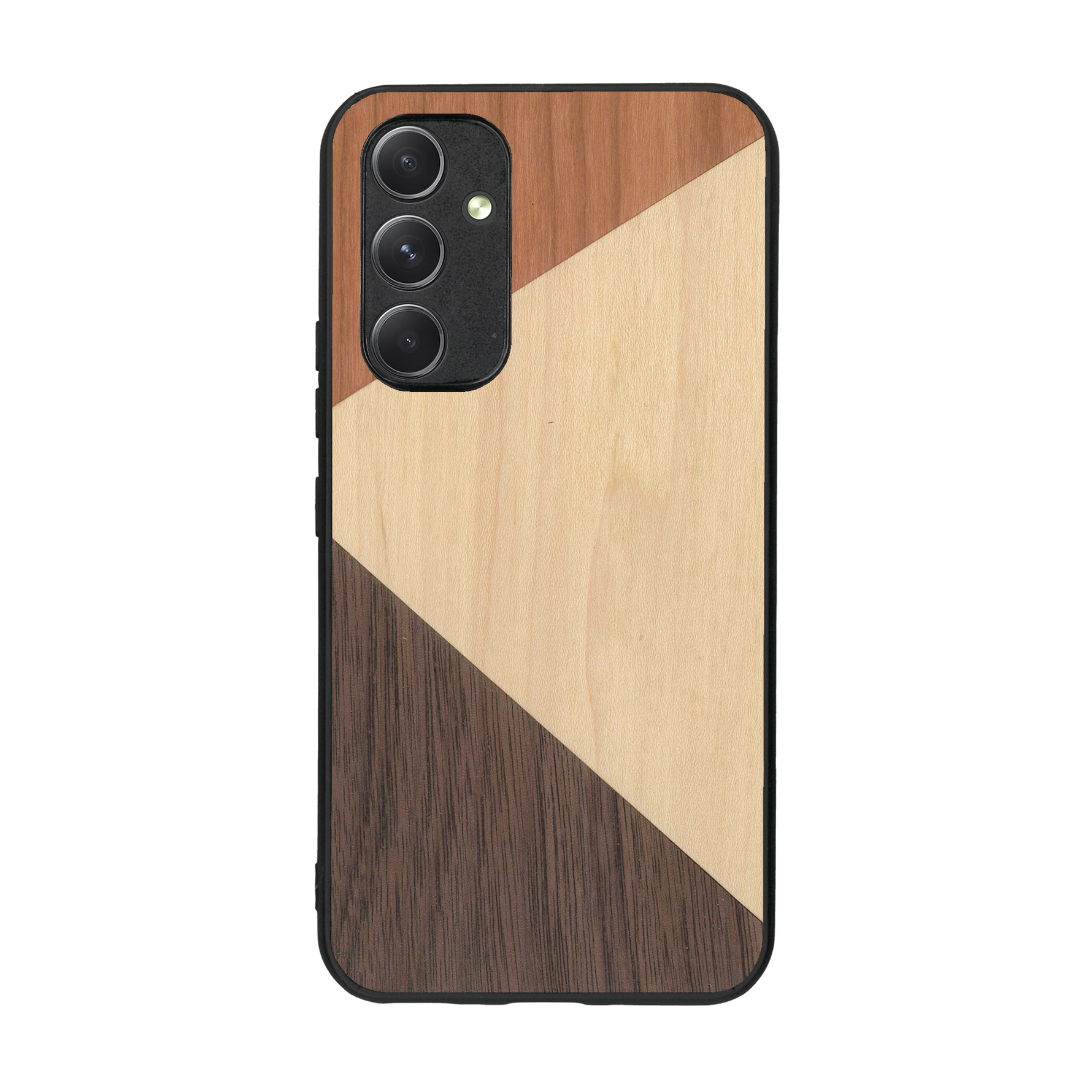 Coque de protection en bois véritable fabriquée en France pour  alliant du merisier, du noyer et du bambou formant chacun deux triangles et un trapèze avec deux jointures en diagonale sur le thème de l'art abstrait