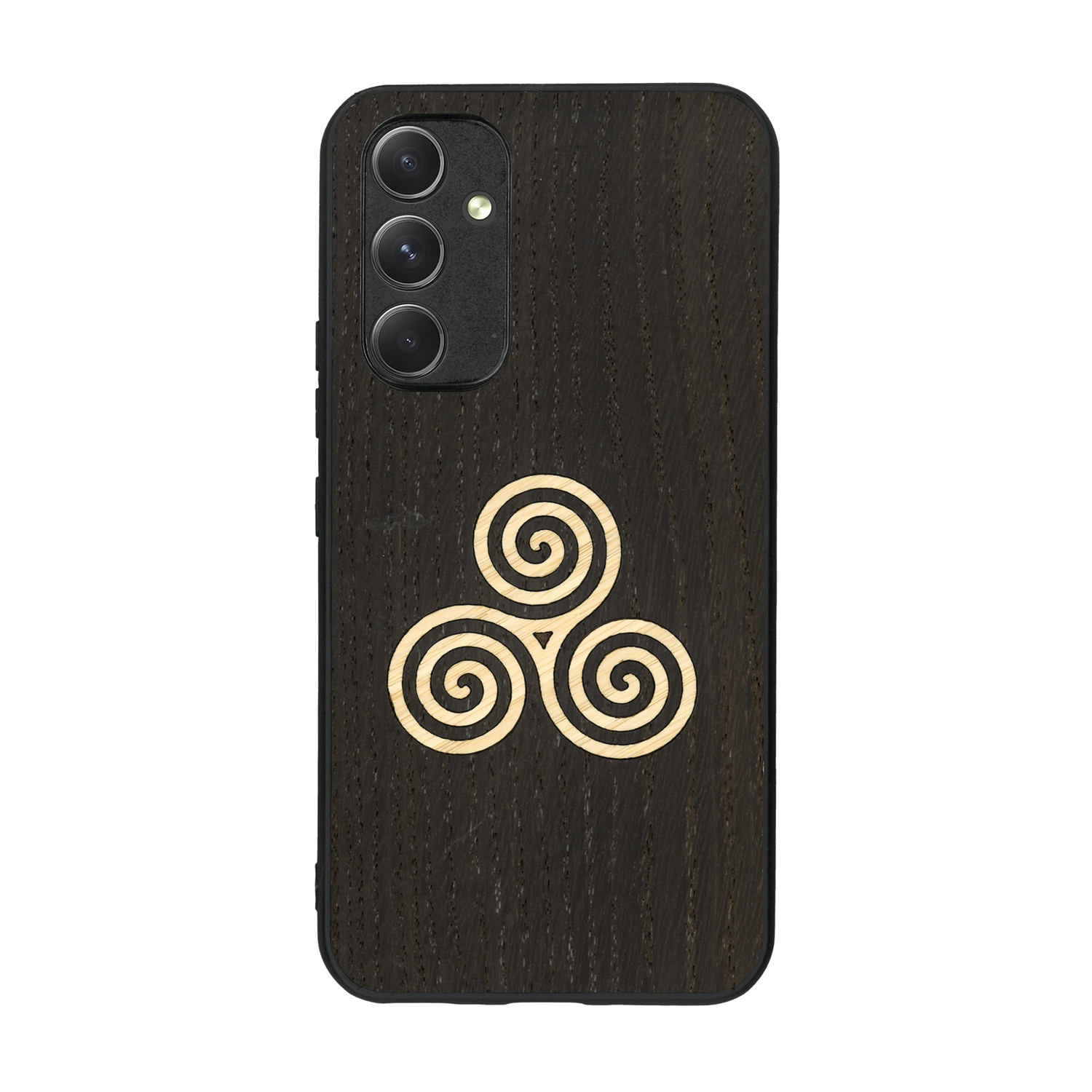 Coque de protection en bois véritable fabriquée en France pour  alliant du chêne fumé et du bambou et doré représentant un triskell