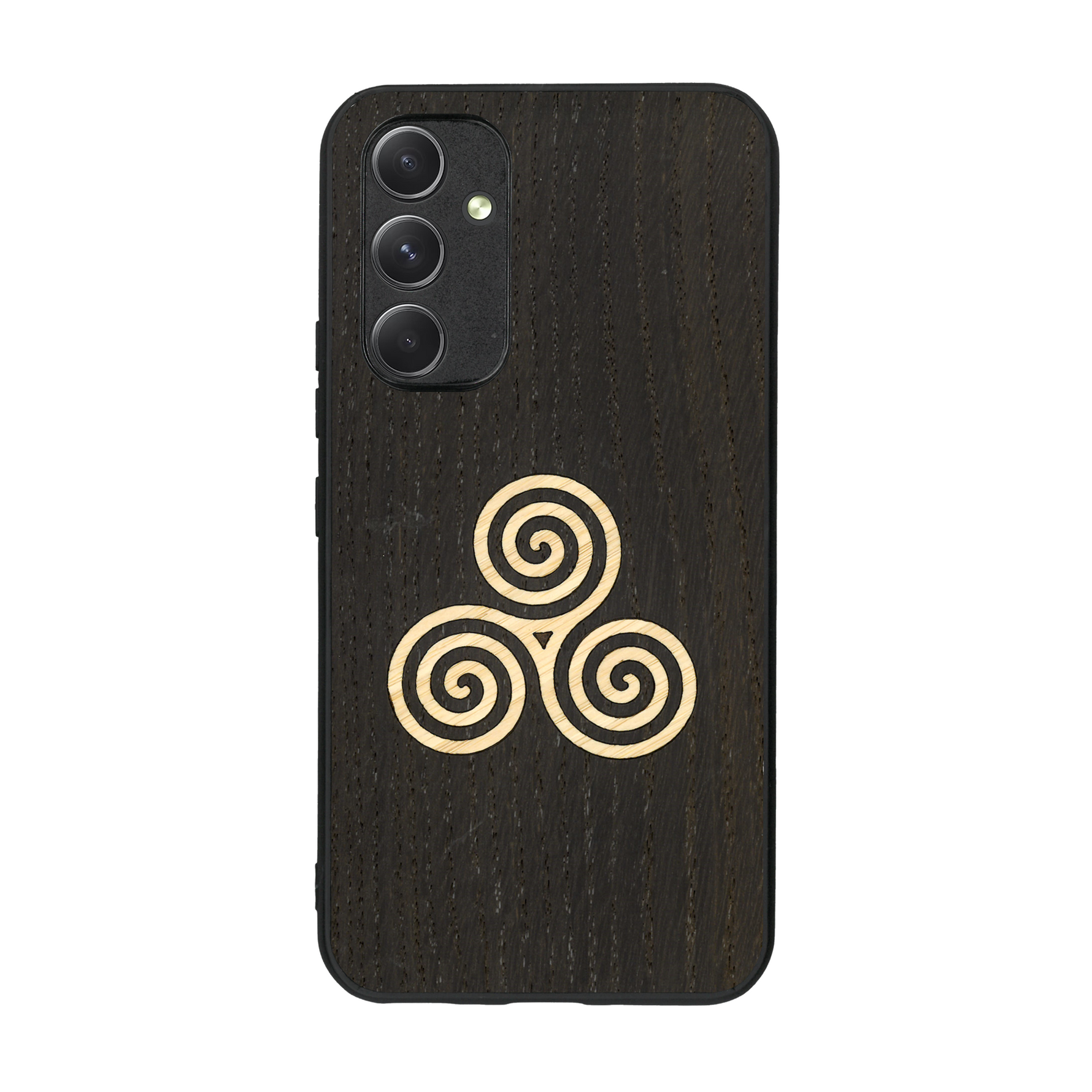 Coque de protection en bois véritable fabriquée en France pour  alliant du chêne fumé et du bambou et doré représentant un triskell