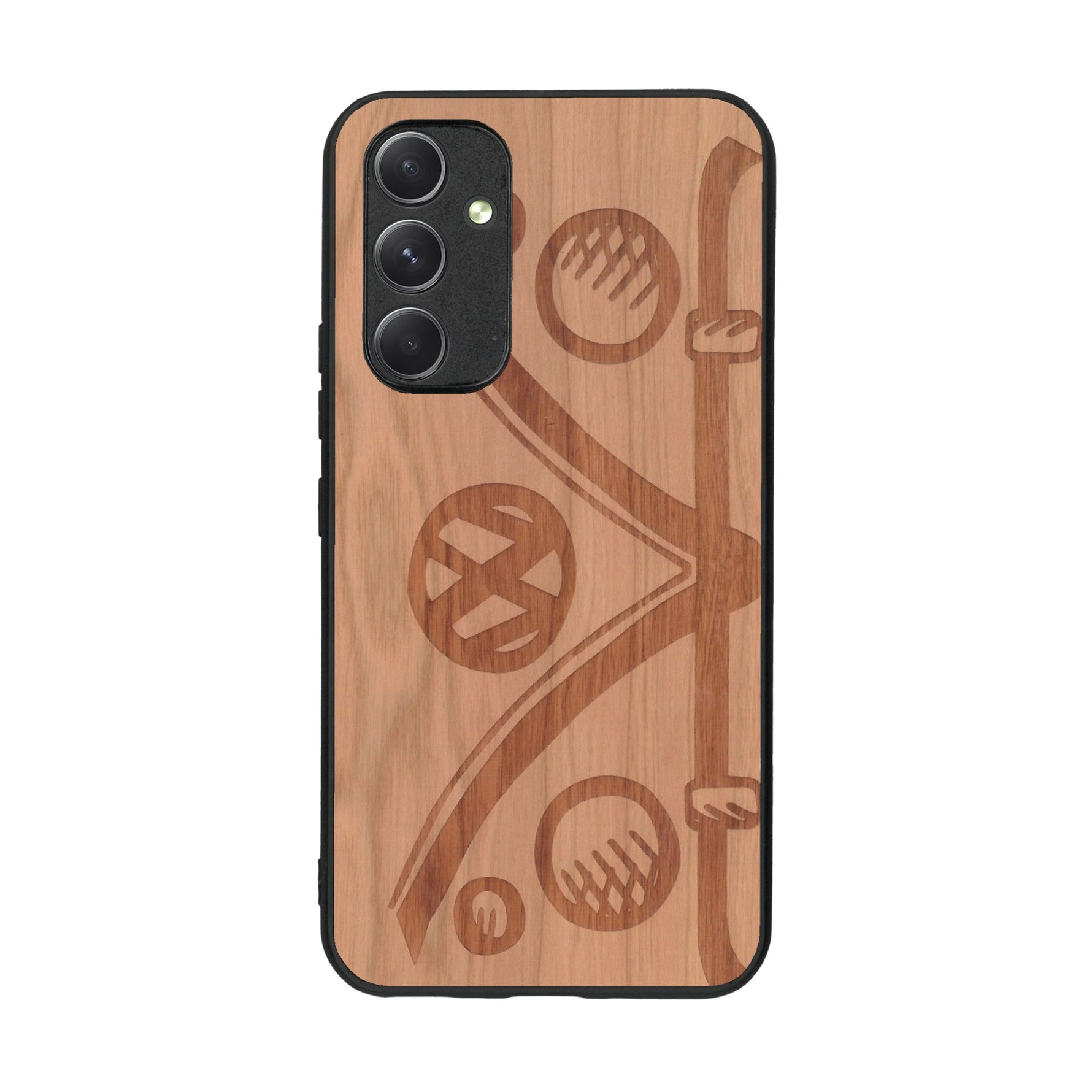 Coque de protection en bois véritable fabriquée en France pour Samsung A54 5G sur le thème de l'automobile avec un van combi