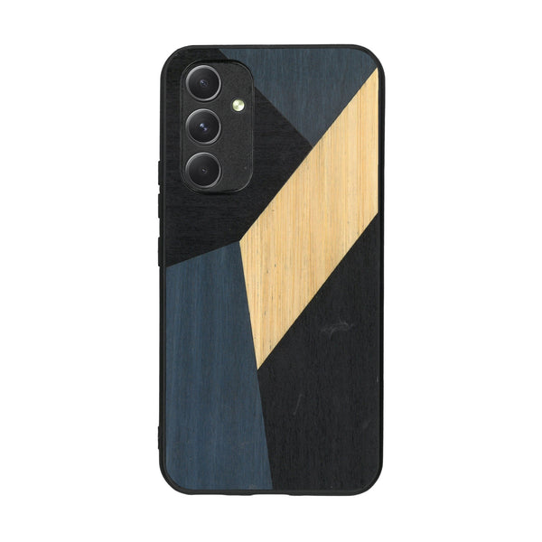 Coque de protection en bois véritable fabriquée en France pour Samsung A54 5G alliant du bambou, du tulipier bleu et noir en forme de mosaïque minimaliste sur le thème de l'art abstrait