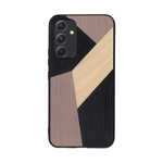 Coque de protection en bois véritable fabriquée en France pour Samsung A54 5G alliant du bambou, du tulipier mauve et noir en forme de mosaïque minimaliste sur le thème de l'art abstrait