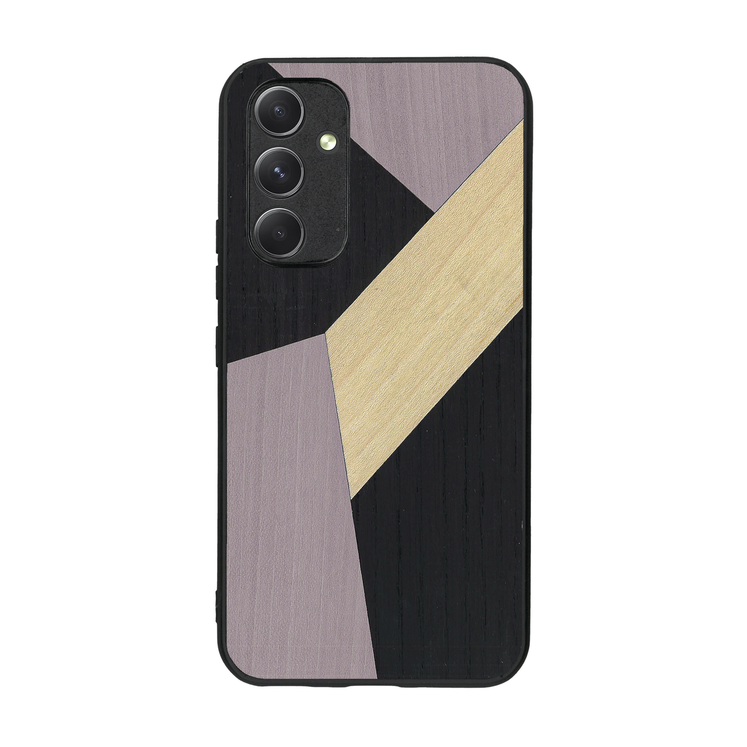 Coque de protection en bois véritable fabriquée en France pour  alliant du bambou, du tulipier mauve et noir en forme de mosaïque minimaliste sur le thème de l'art abstrait