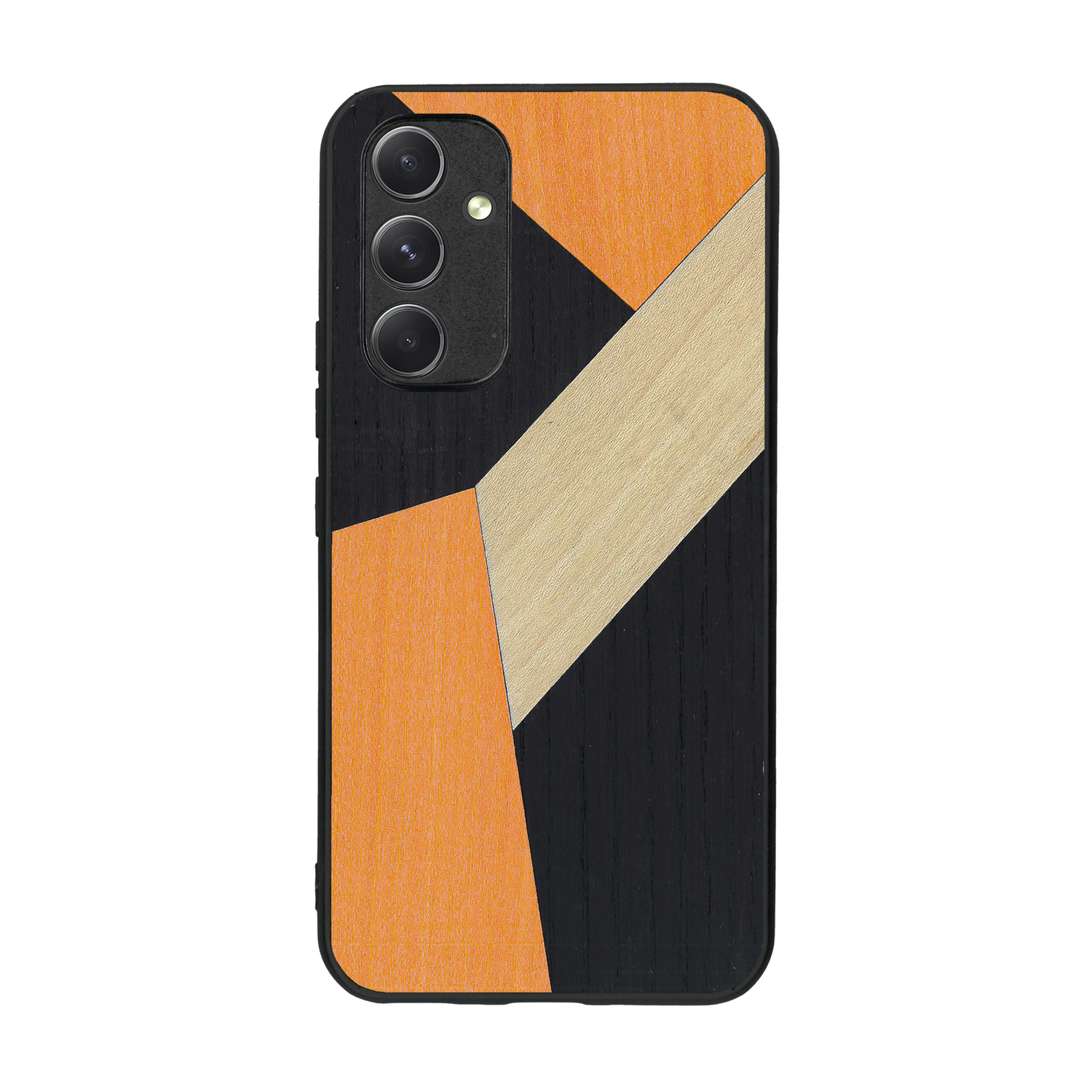 Coque de protection en bois véritable fabriquée en France pour  alliant du bambou, du tulipier orange et noir en forme de mosaïque minimaliste sur le thème de l'art abstrait