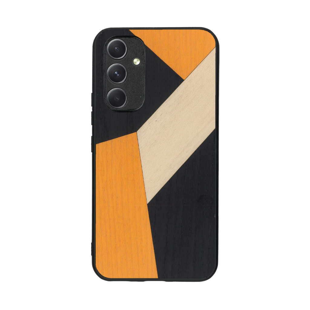 Coque de protection en bois véritable fabriquée en France pour Samsung A54 5G alliant du bambou, du tulipier orange et noir en forme de mosaïque minimaliste sur le thème de l'art abstrait