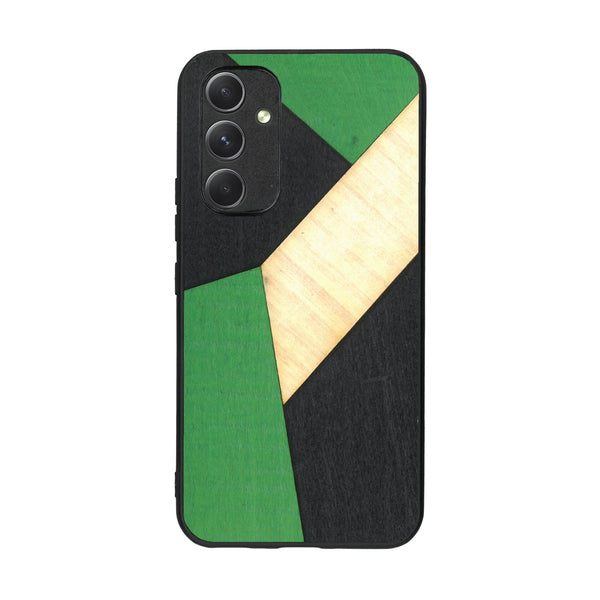 Coque de protection en bois véritable fabriquée en France pour Samsung A54 5G alliant du bambou, du tulipier vert et noir en forme de mosaïque minimaliste sur le thème de l'art abstrait