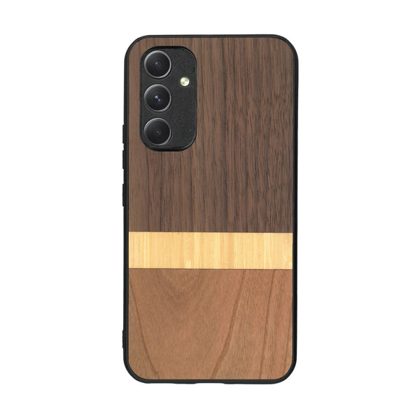 Coque de protection en bois véritable fabriquée en France pour Samsung A54 5G alliant des bandes horizontales de bambou, merisier et noyer