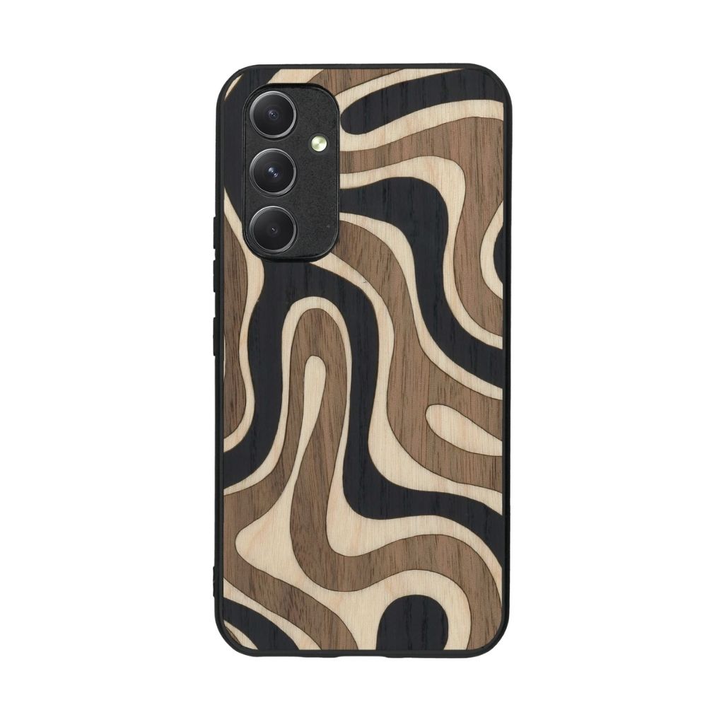 Coque de protection en bois véritable fabriquée en France pour Samsung A54 5G alliant plusieurs essences de bois pour représenter une ondulation