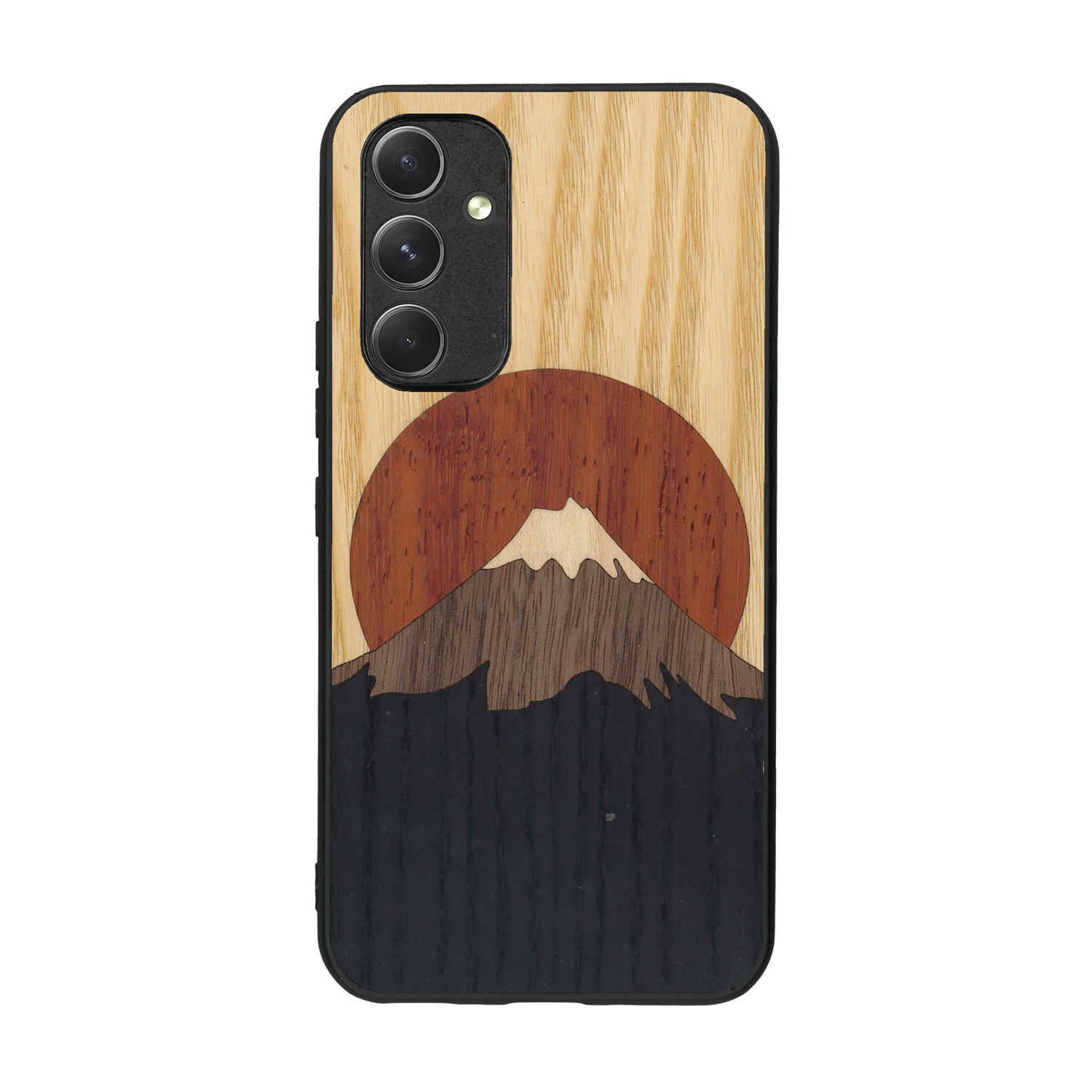 Coque de protection en bois véritable fabriquée en France pour  alliant plusieurs essences de bois pour représenter le mont Fuji