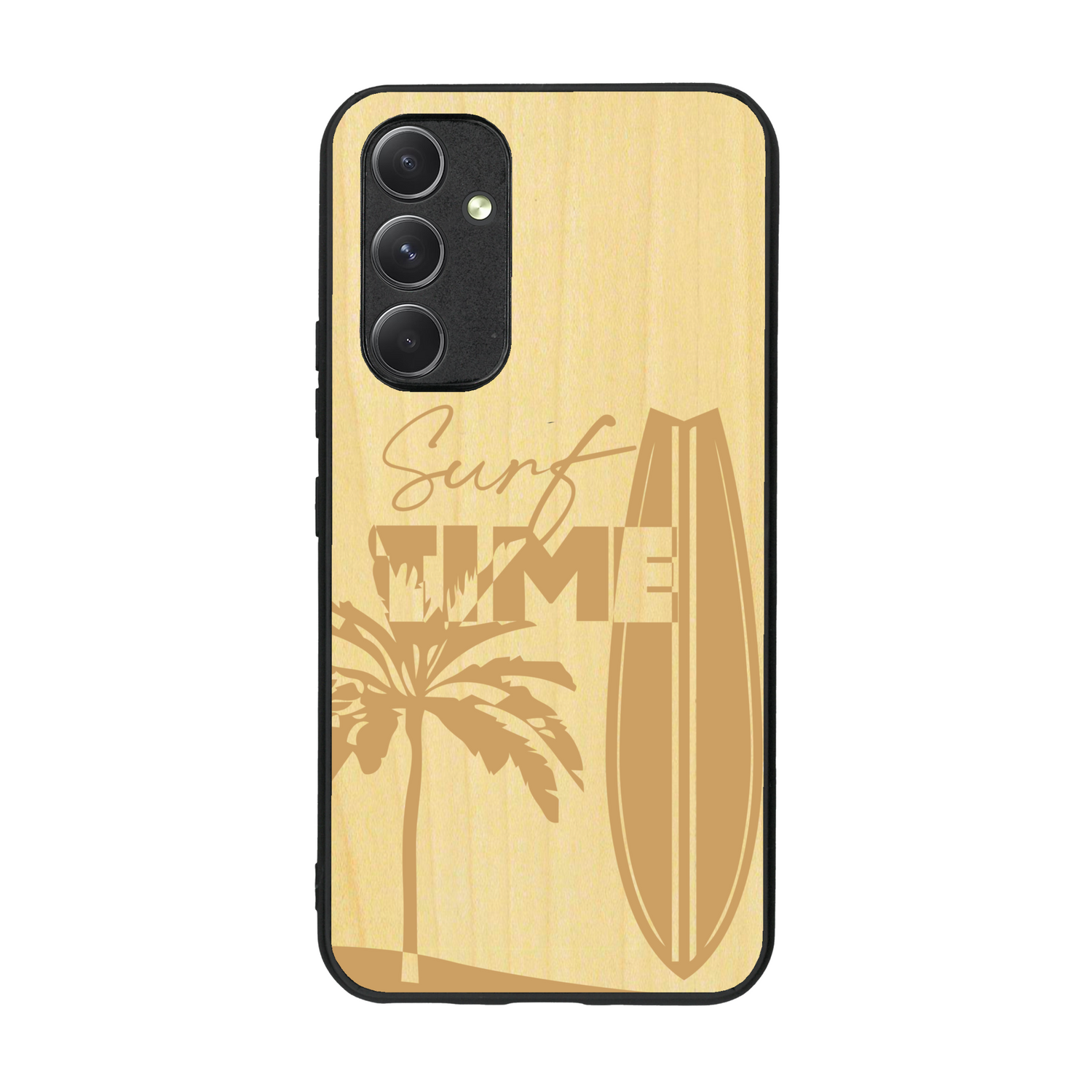 Coque de protection en bois véritable fabriquée en France pour  sur le thème chill avec un motif représentant une silouhette tenant une planche de surf sur une plage entouré de palmiers et les mots "Surf Time Long Beach Miami"