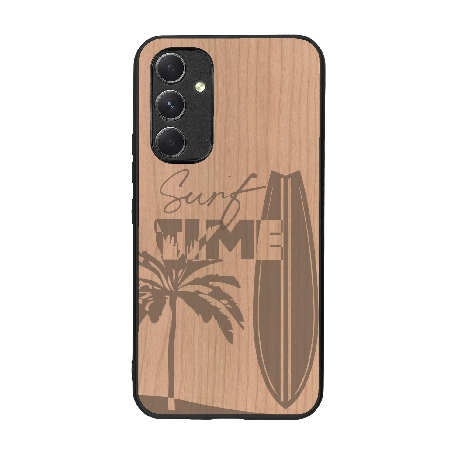 Coque de protection en bois véritable fabriquée en France pour  sur le thème chill avec un motif représentant une silouhette tenant une planche de surf sur une plage entouré de palmiers et les mots "Surf Time Long Beach Miami"