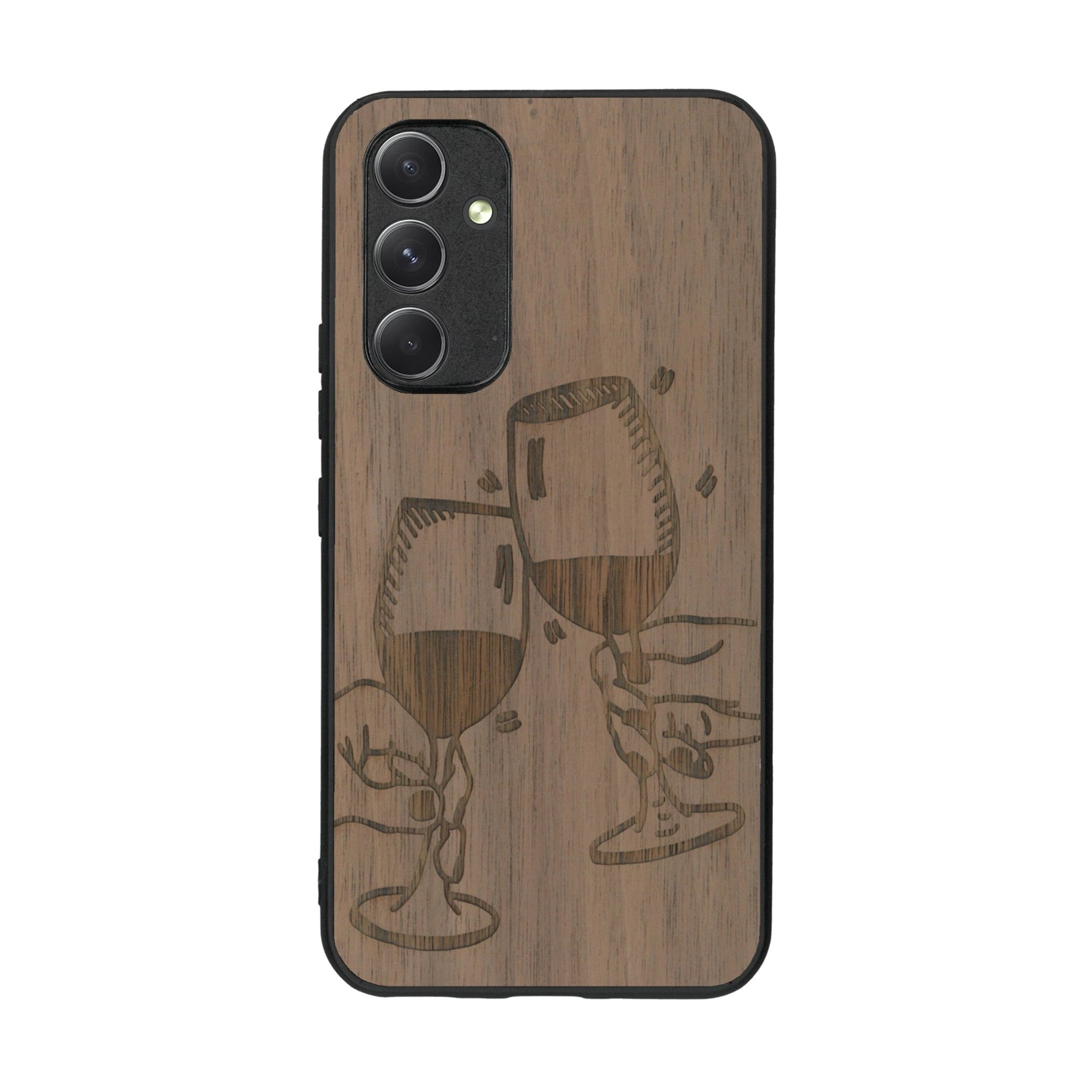 Coque de protection en bois véritable fabriquée en France pour Samsung A54 5G représentant une vue de face d'une flute de champagne dessinée à la main par l'artiste Maud Dabs