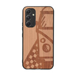 Coque de protection en bois véritable fabriquée en France pour Samsung A54 5G sur le thème du voyage avec un van combi