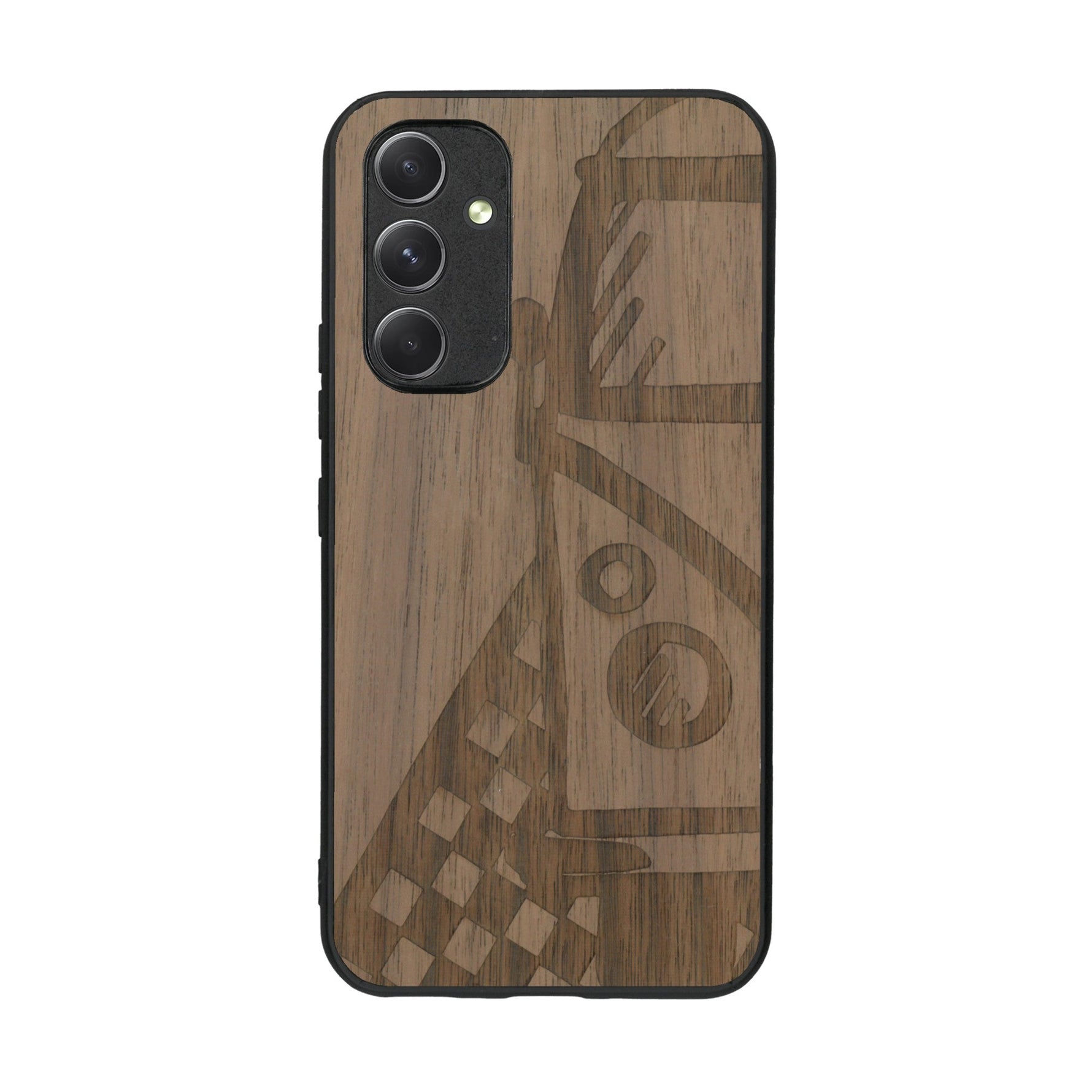 Coque de protection en bois véritable fabriquée en France pour Samsung A54 5G sur le thème du voyage avec un van combi