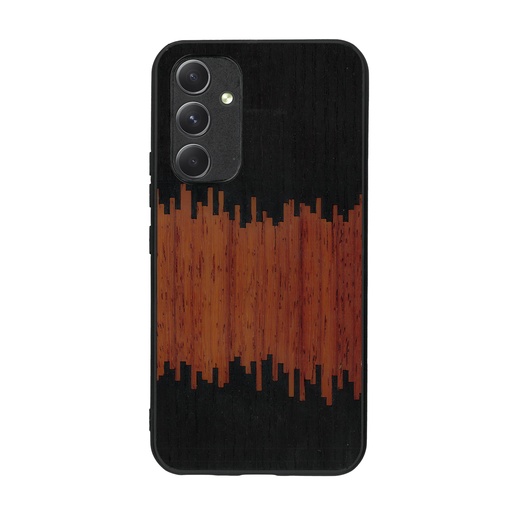 Coque de protection en bois véritable fabriquée en France pour  alliant plusieurs essences de bois pour représenter du magma en fusion