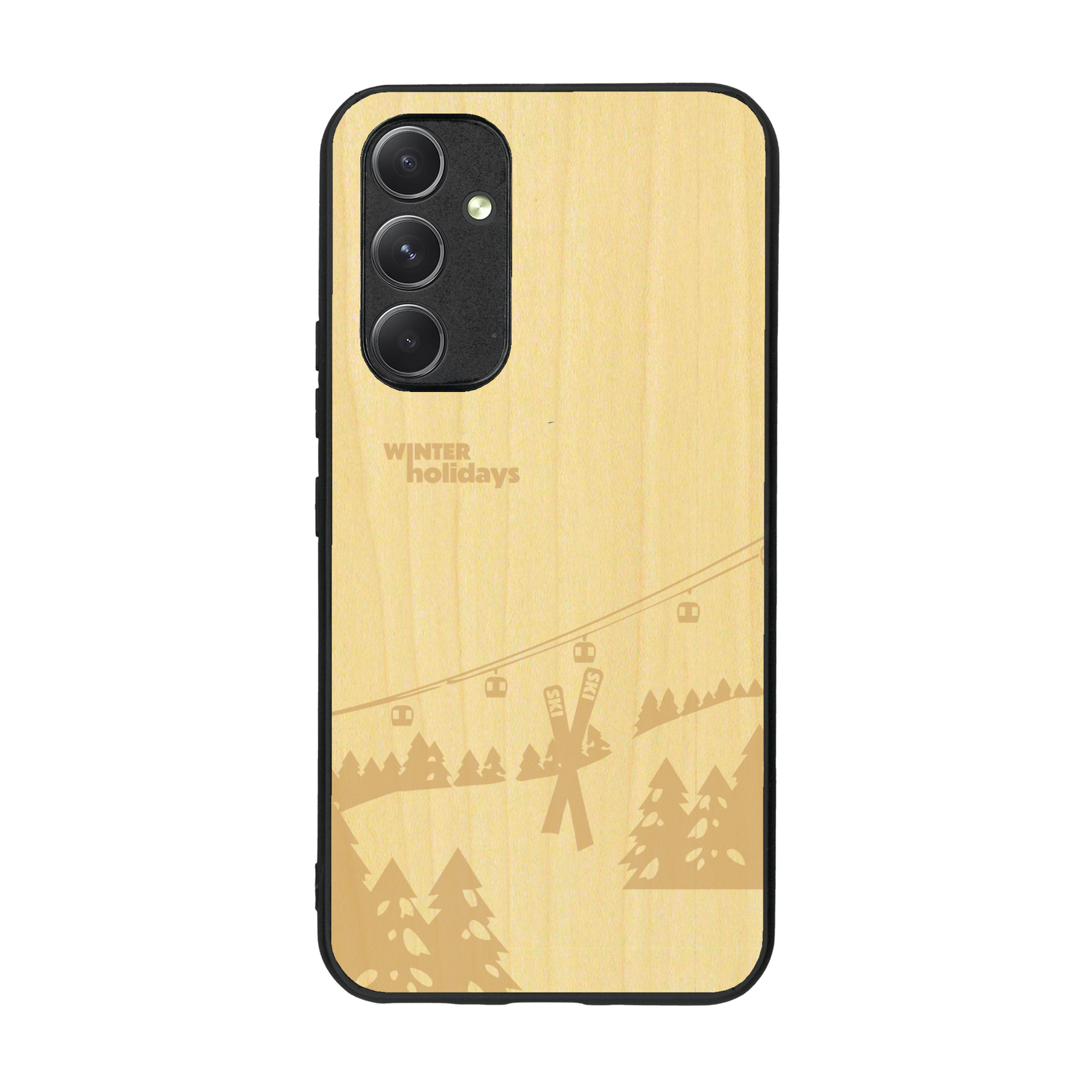 Coque de protection en bois véritable fabriquée en France pour  sur le thème de la montagne, du ski et de la neige avec un motif représentant une paire de ski plantée dans la neige avec en fond des montagnes enneigées