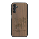 Coque de protection en bois véritable fabriquée en France pour Samsung A55 5G sur le thème de la plage, de l'été et vanlife.