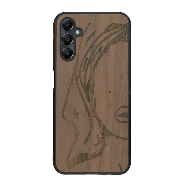 Coque de protection en bois véritable fabriquée en France pour Samsung A55 5G représentant une silhouette féminine épurée de type line art en collaboration avec l'artiste Maud Dabs