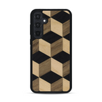 Coque de protection en bois véritable fabriquée en France pour Samsung A55 5G alliant plusieurs essences de bois pour représenter un classique intemporel de la marqueterie