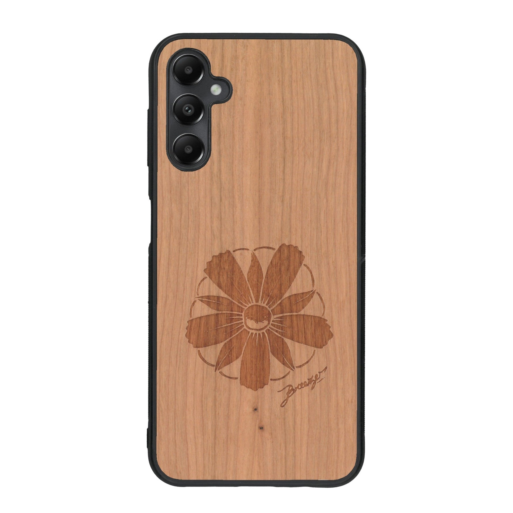 Coque de protection en bois véritable fabriquée en France pour Samsung A55 5G sur le thème des fleurs et de la montagne avec un motif de gravure représentant les pétales d'une fleur des montagnes