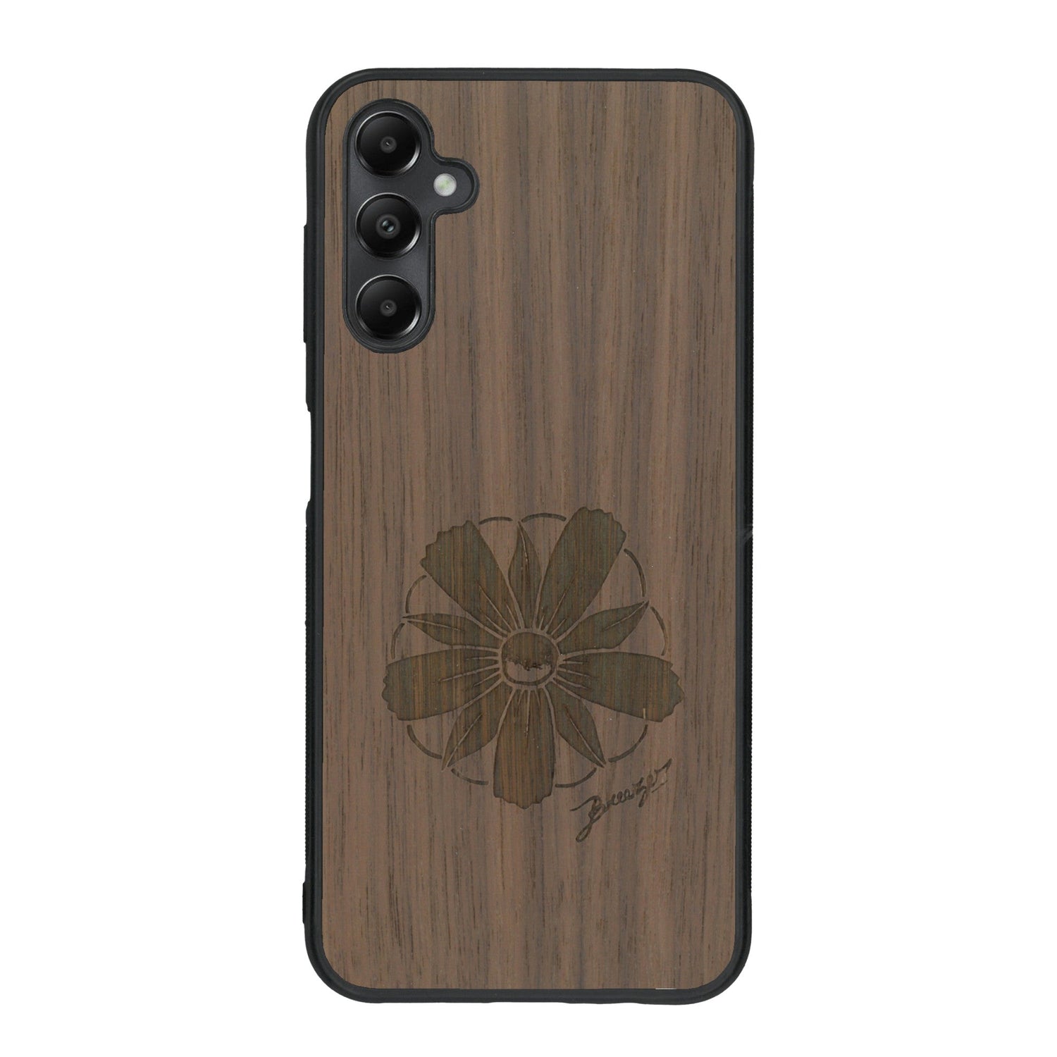 Coque de protection en bois véritable fabriquée en France pour Samsung A55 5G sur le thème des fleurs et de la montagne avec un motif de gravure représentant les pétales d'une fleur des montagnes