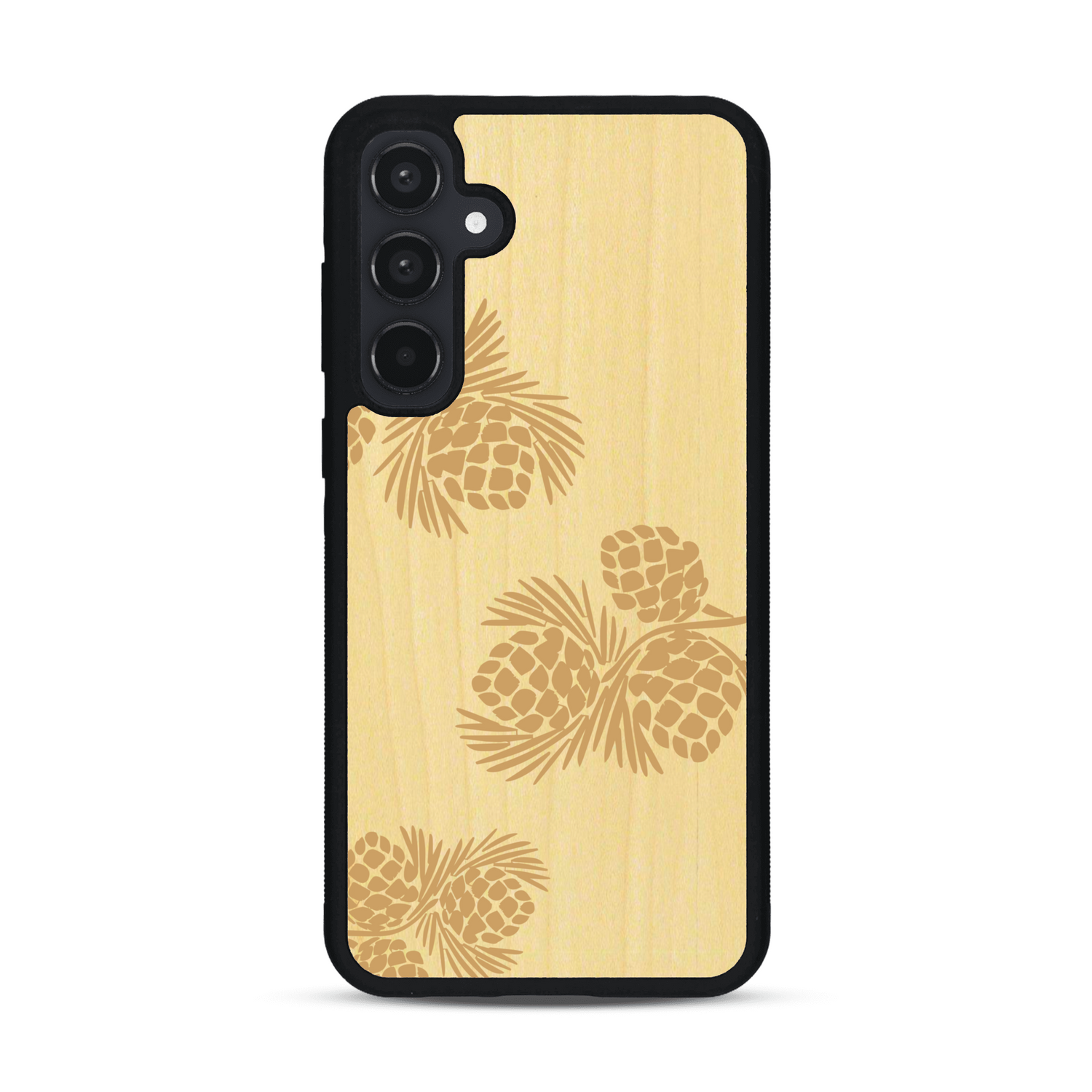 Coque de protection en bois véritable fabriquée en France pour  sur le thème de la nature des arbres avec un motif de gravure représentant des épines de sapin et des pommes de pin