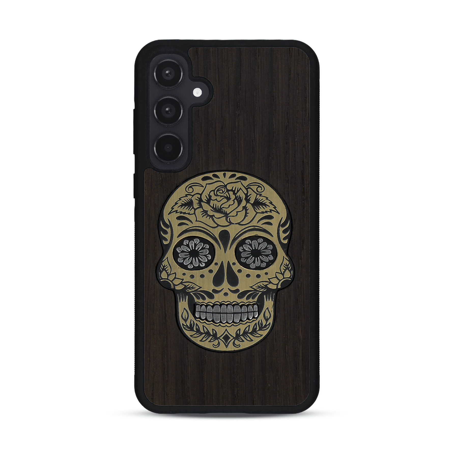 Coque de protection en bois véritable fabriquée en France pour  alliant du chêne fumé avec du métal argenté et doré représentant une tête de mort mexicaine sur le thème Dia de los Muertos
