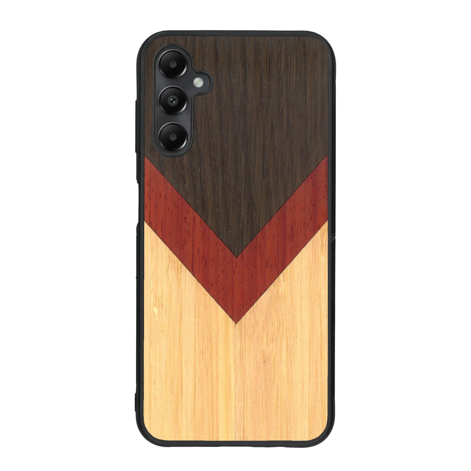 Coque de protection en bois véritable fabriquée en France pour Samsung A55 5G alliant du chêne fumé, du padouk et du bambou en forme de chevron sur le thème de l'art abstrait