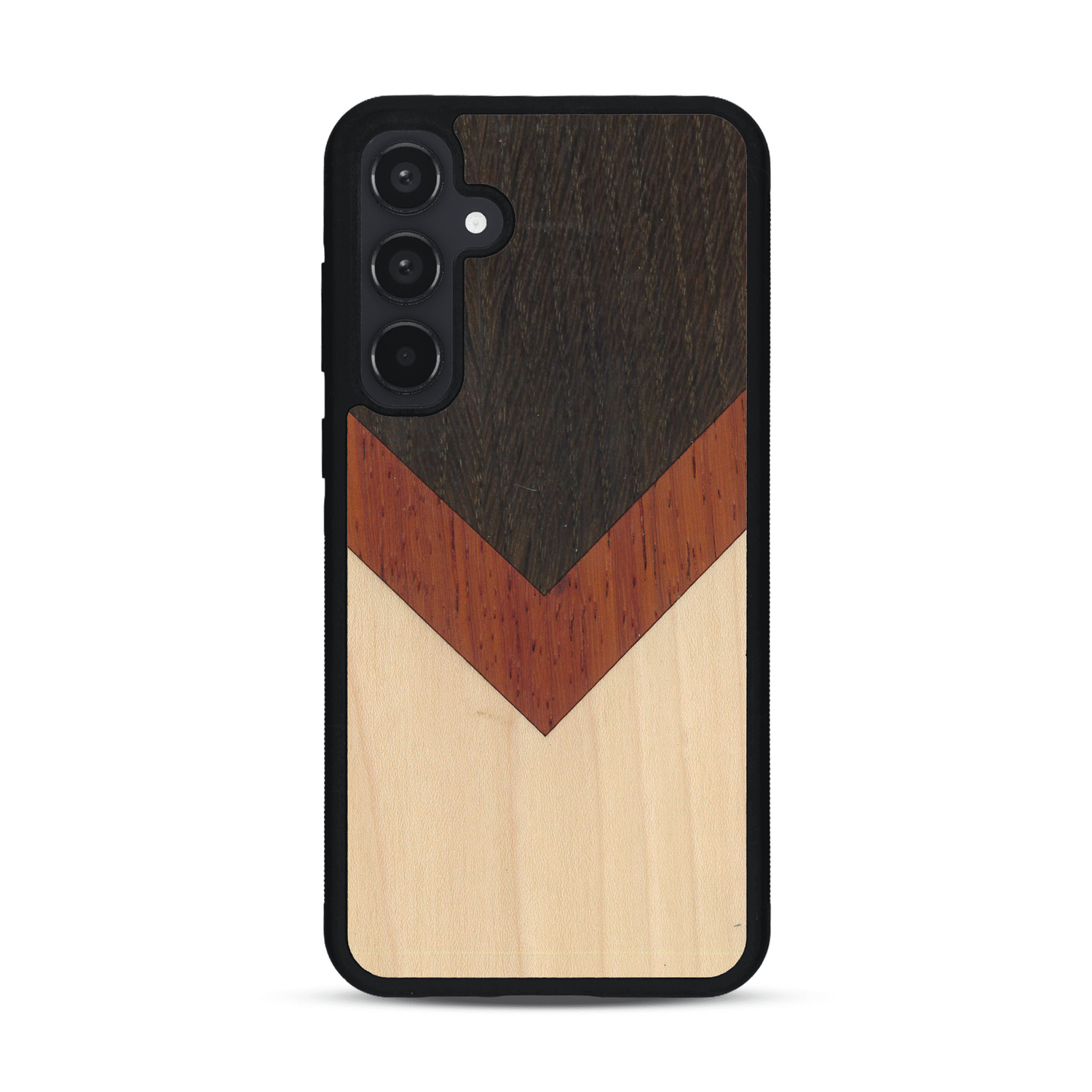 Coque de protection en bois véritable fabriquée en France pour  alliant du chêne fumé, du padouk et du bambou en forme de chevron sur le thème de l'art abstrait