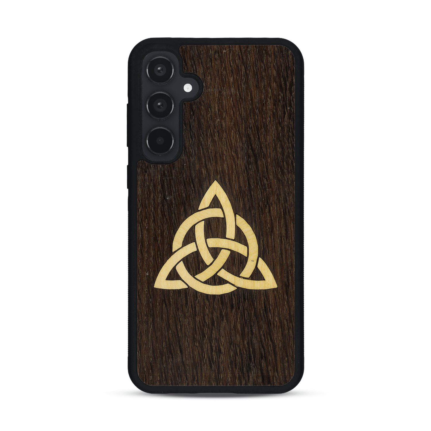 Coque de protection en bois véritable fabriquée en France pour  alliant du chêne fumé et du bambou représentant une triquetra