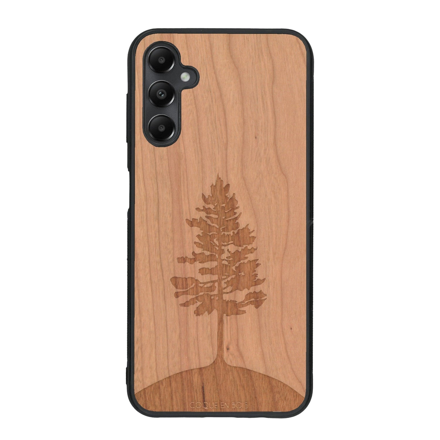 Coque de protection en bois véritable fabriquée en France pour Samsung A55 5G sur le thème de la nature, de la fôret et de l'écoresponsabilité avec une gravure représentant un arbre 