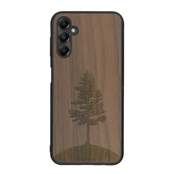 Coque de protection en bois véritable fabriquée en France pour Samsung A55 5G sur le thème de la nature, de la fôret et de l'écoresponsabilité avec une gravure représentant un arbre 