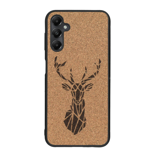 Coque de protection en bois véritable fabriquée en France pour Samsung A55 5G sur le thème de la nature et des animaux représentant une tête de cerf gométrique avec un design moderne et minimaliste