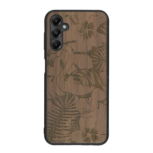 Coque de protection en bois véritable fabriquée en France pour Samsung A55 5G sur le thème de la nature et des animaux représentant un flamant rose entre des fougères