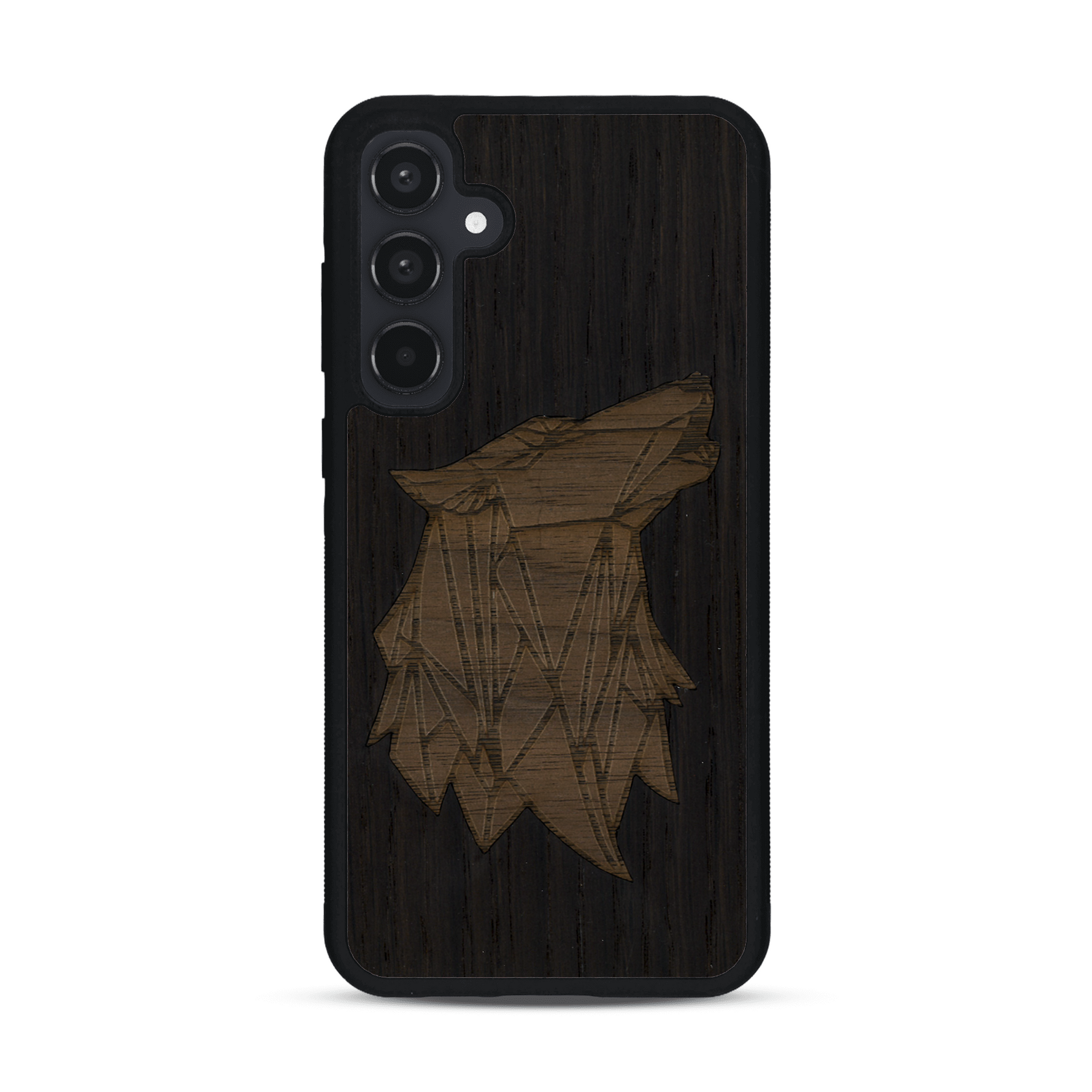 Coque de protection en bois véritable fabriquée en France pour  alliant du chêne fumé et du noyer représentant une tête de loup géométrique de profil sur le thème des animaux et de la nature