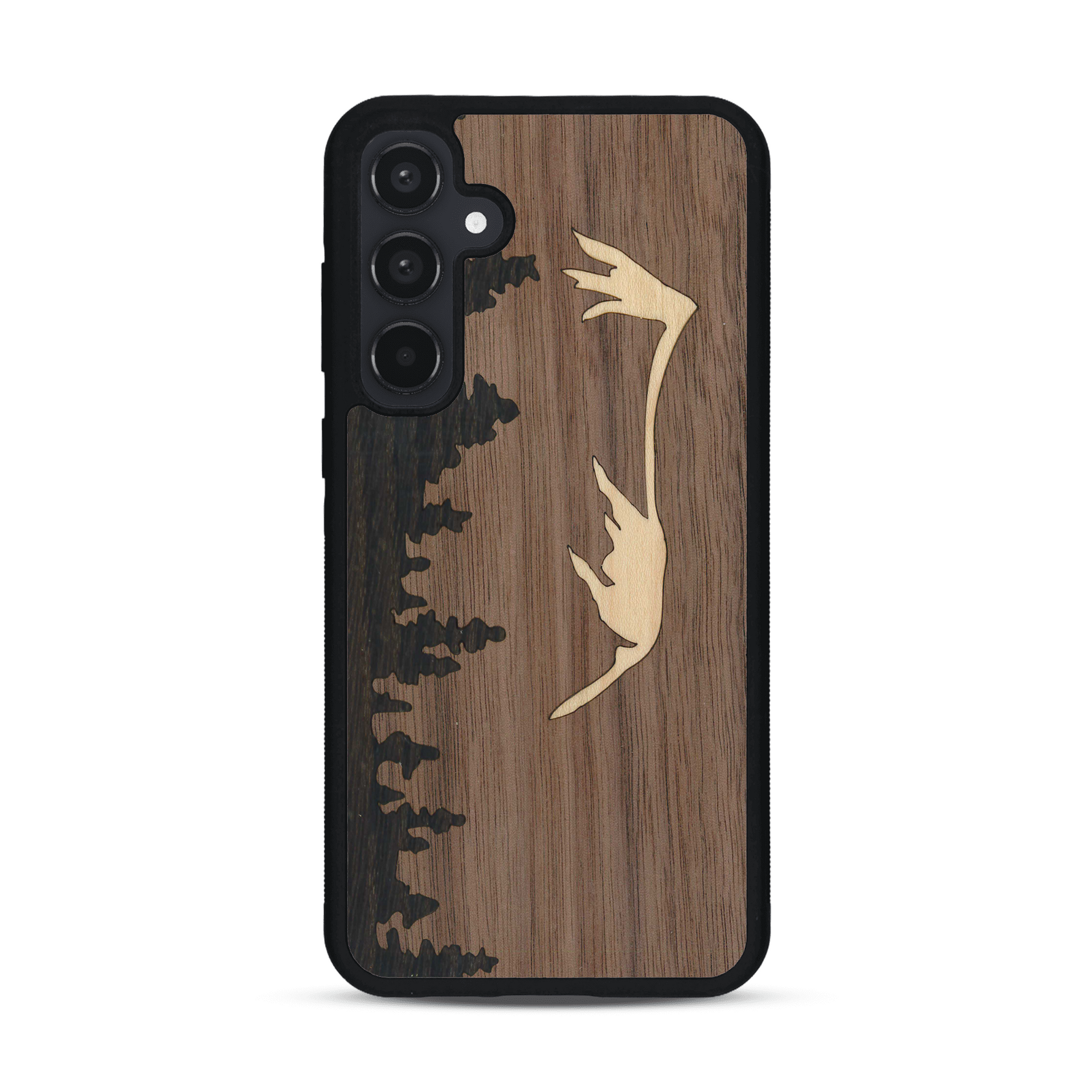 Coque de protection en bois véritable fabriquée en France pour  sur le thème de la nature et de la montagne qui allie du chêne fumé, du noyer et du bambou représentant le mont mézenc