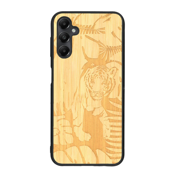 Coque de protection en bois véritable fabriquée en France pour Samsung A55 5G sur le thème de la nature et des animaux représentant un tigre dans la jungle entre des fougères