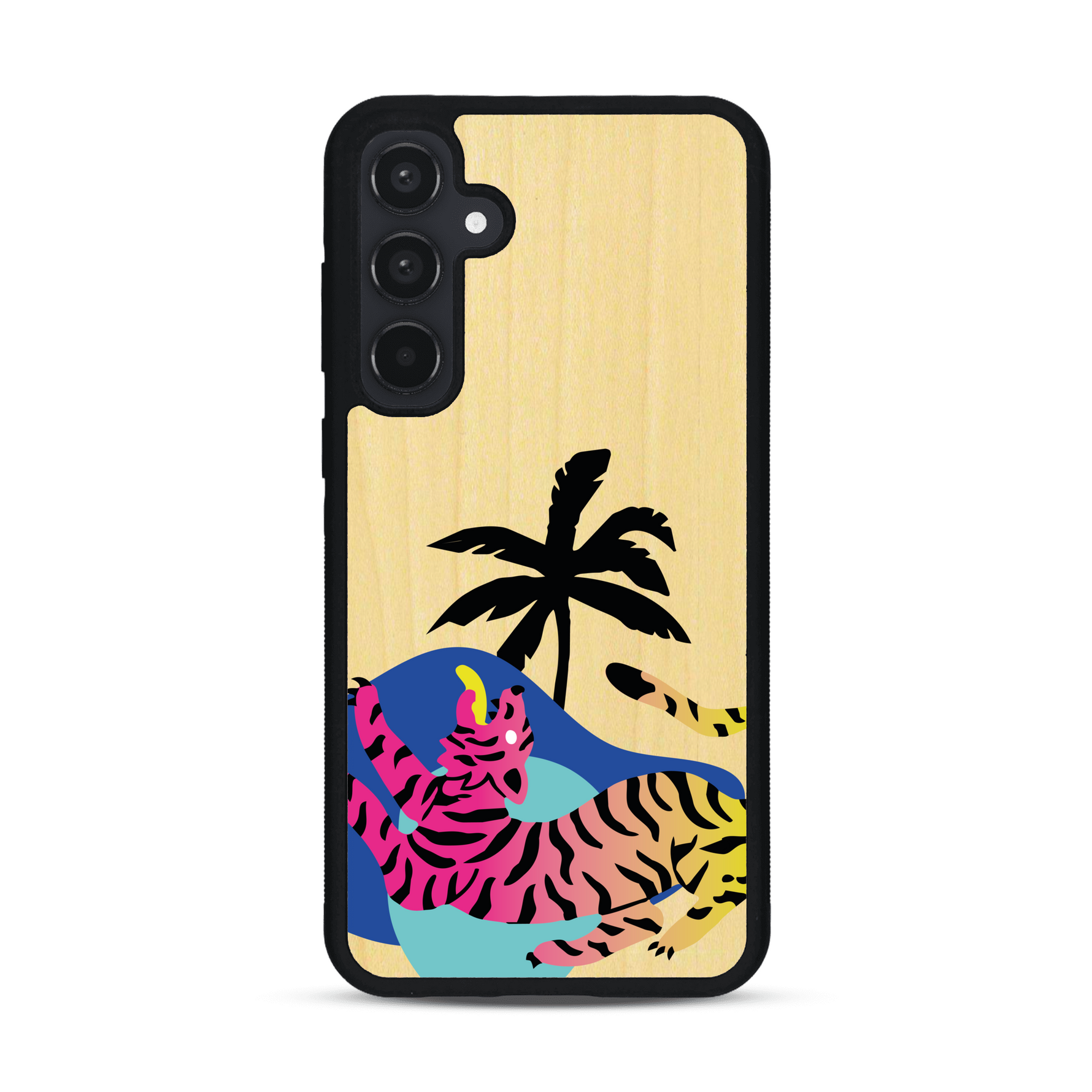 Coque de protection en bois véritable fabriquée en France pour Samsung A55 5G représentant un tigre coloré avec un design moderne et minimaliste sur le thème de la jungle et de la nature