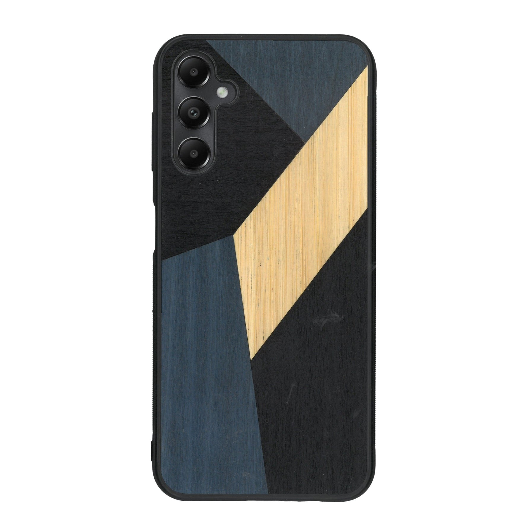 Coque de protection en bois véritable fabriquée en France pour Samsung A55 5G alliant du bambou, du tulipier bleu et noir en forme de mosaïque minimaliste sur le thème de l'art abstrait
