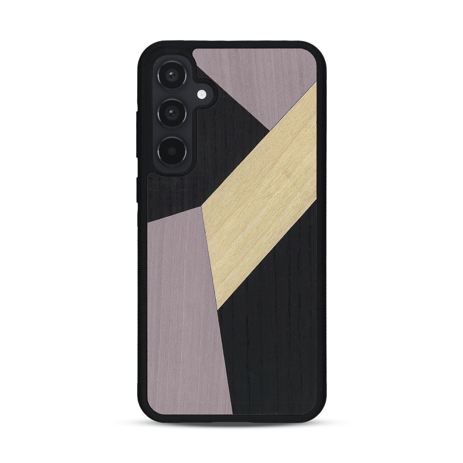 Coque de protection en bois véritable fabriquée en France pour Samsung A55 5G alliant du bambou, du tulipier mauve et noir en forme de mosaïque minimaliste sur le thème de l'art abstrait