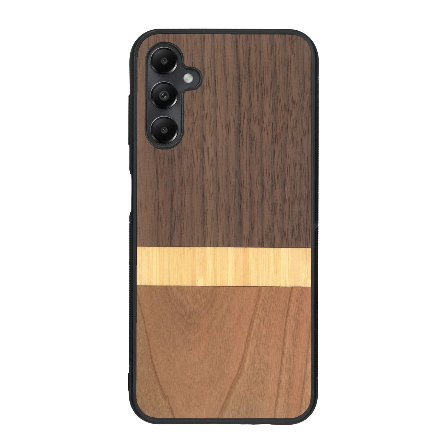 Coque de protection en bois véritable fabriquée en France pour Samsung A55 5G alliant des bandes horizontales de bambou, merisier et noyer