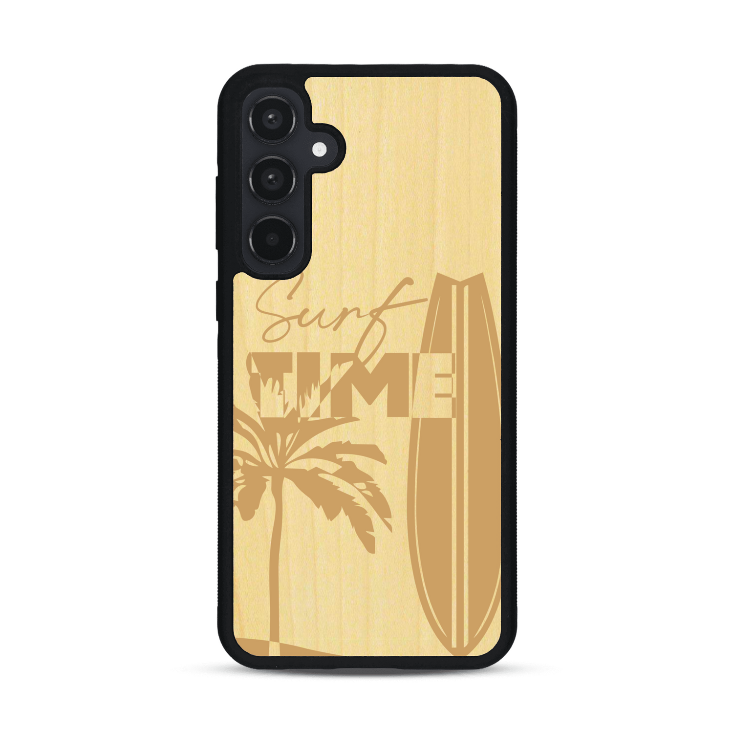 Coque de protection en bois véritable fabriquée en France pour  sur le thème chill avec un motif représentant une silouhette tenant une planche de surf sur une plage entouré de palmiers et les mots "Surf Time Long Beach Miami"