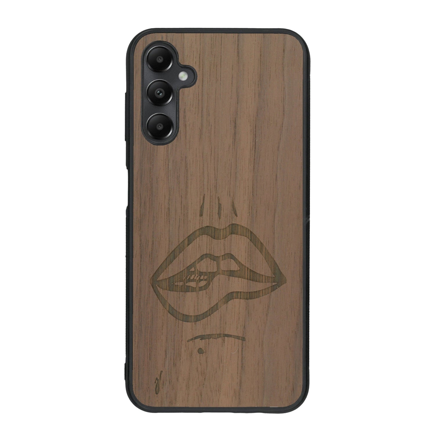 Coque de protection en bois véritable fabriquée en France pour Samsung A55 5G représentant de manière minimaliste une bouche de féminine se mordant le coin de la lèvre de manière sensuelle dessinée à la main par l'artiste Maud Dabs