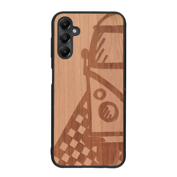Coque de protection en bois véritable fabriquée en France pour Samsung A55 5G sur le thème du voyage avec un van combi