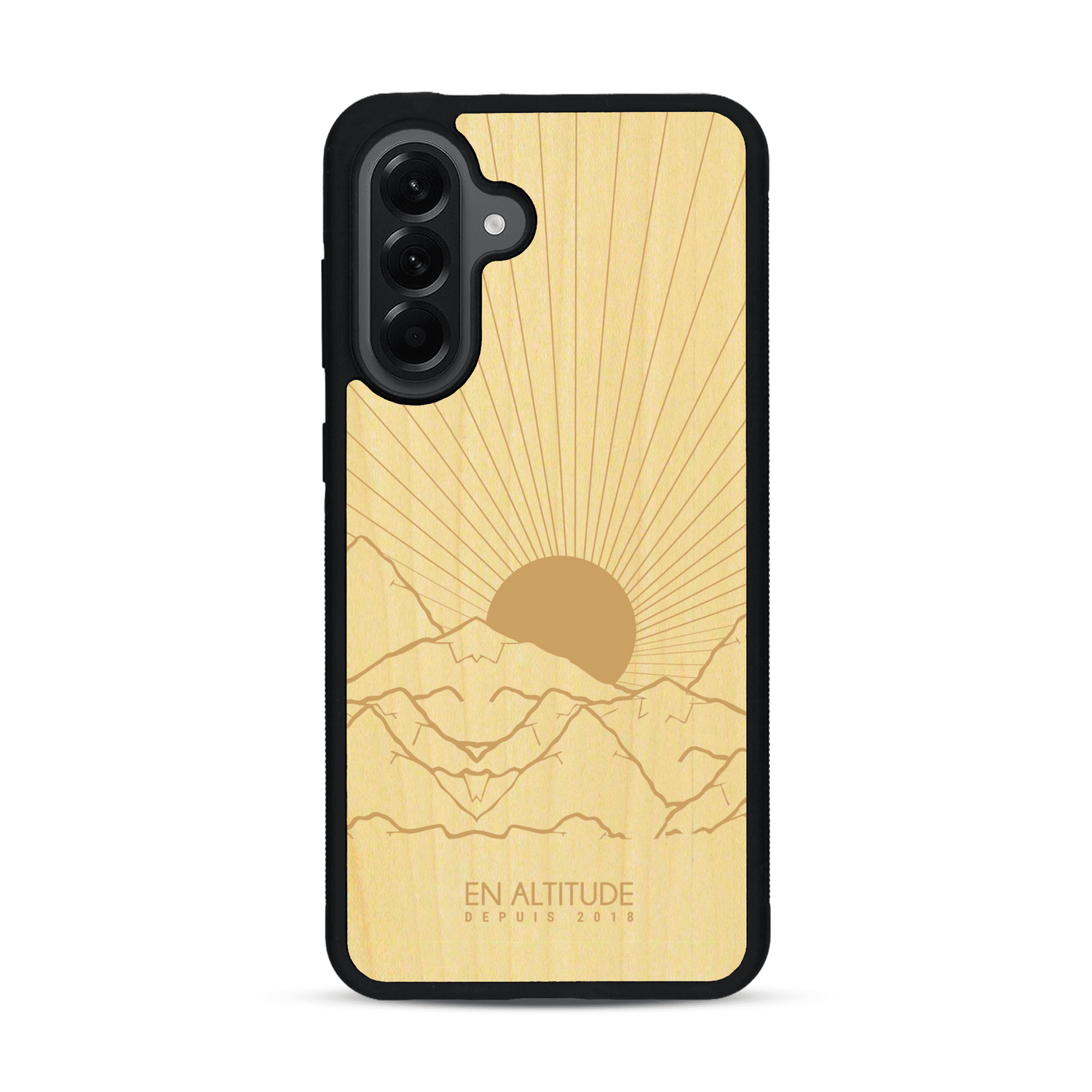 Coque de protection en bois véritable fabriquée en France pour  représentant des montagnes, sur le thème de la randonnée en pleine nature et du trail