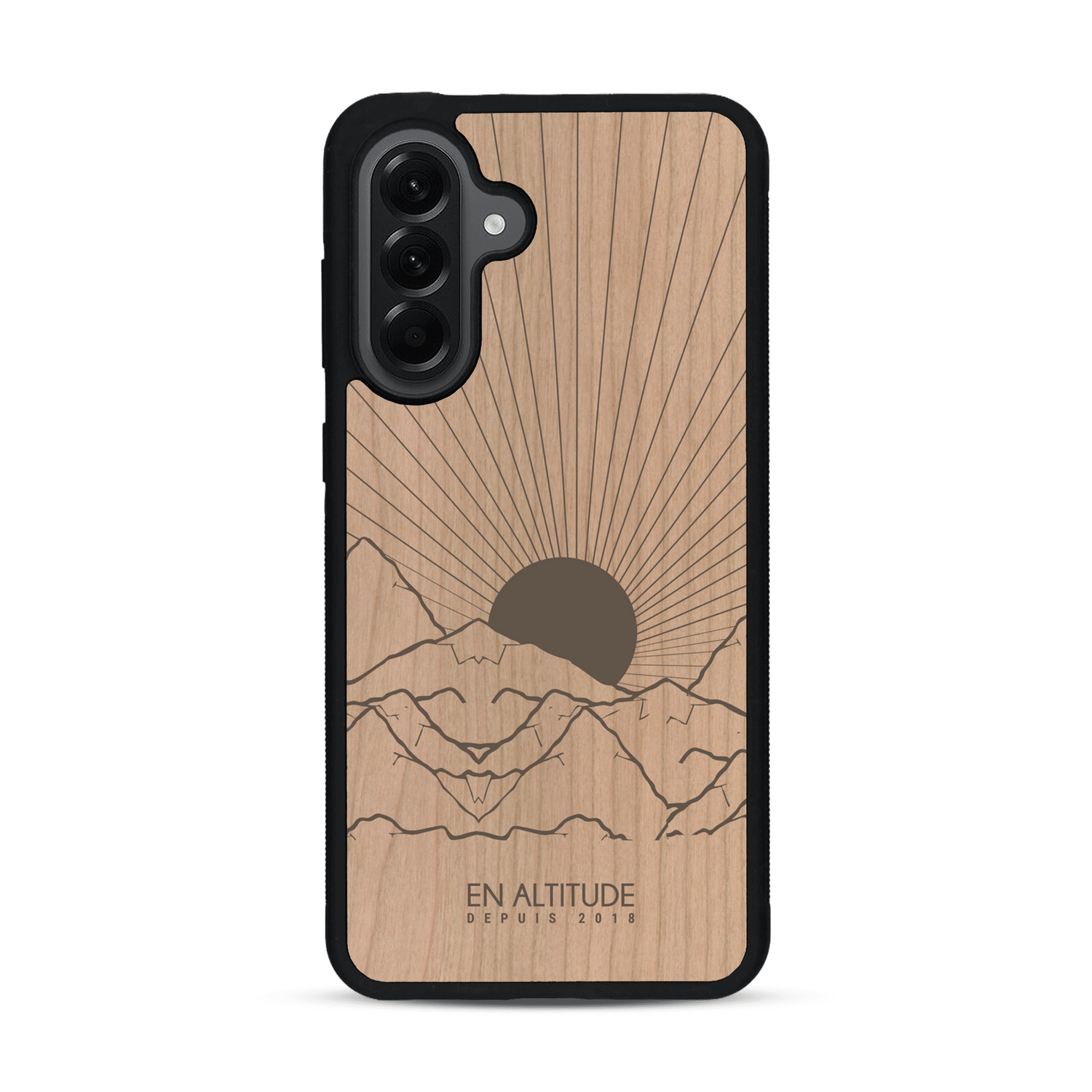 Coque de protection en bois véritable fabriquée en France pour  représentant des montagnes, sur le thème de la randonnée en pleine nature et du trail