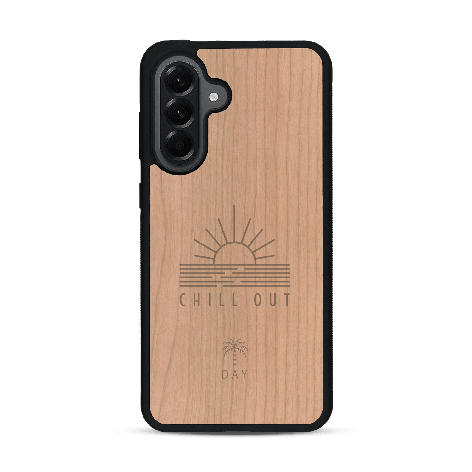 Coque de protection en bois véritable fabriquée en France pour  sur le thème chill avec un motif représentant un couché de soleil sur l'océan et la phrase "Chill out"