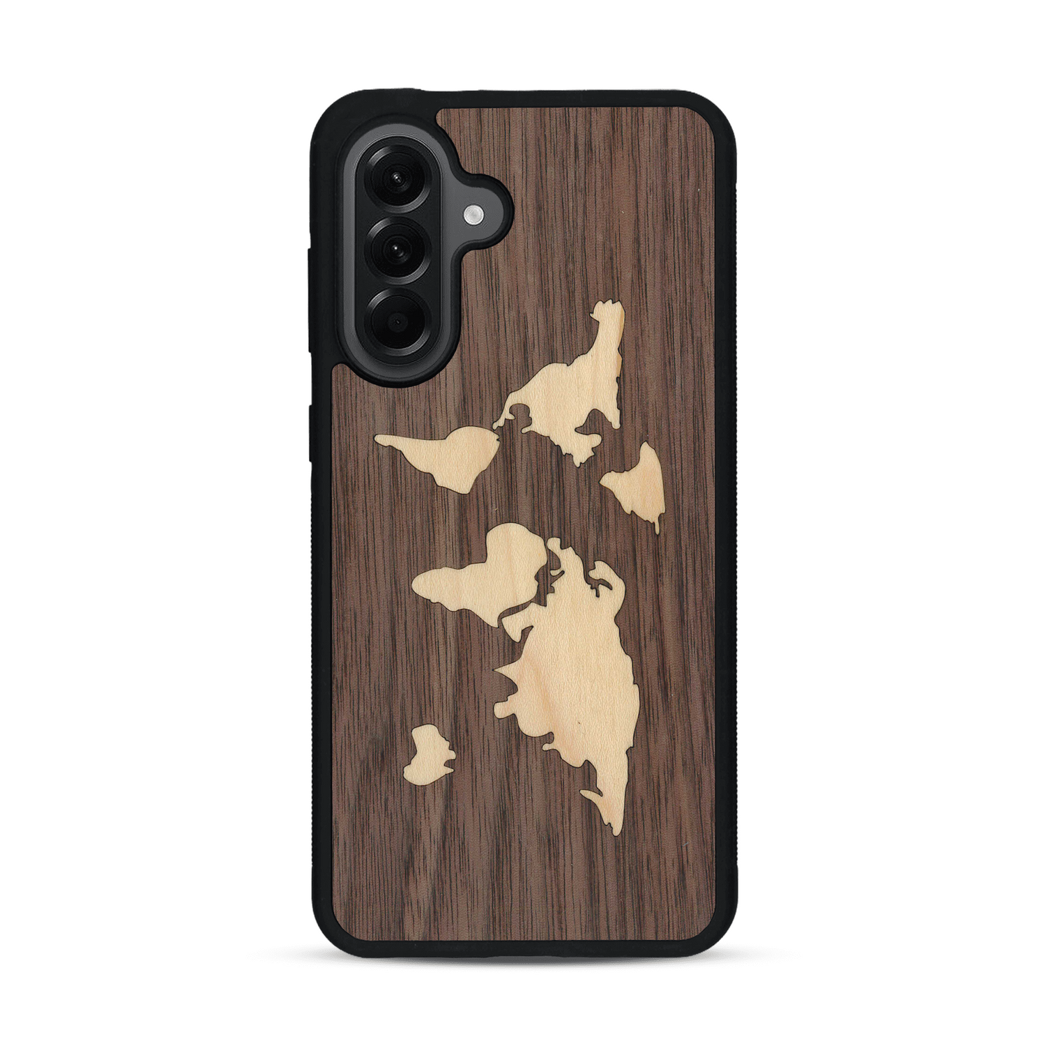 Coque de protection en bois véritable fabriquée en France pour  alliant du bambou et du noyer sur le thème du voyage et de l'aventure représentant une mappemonde